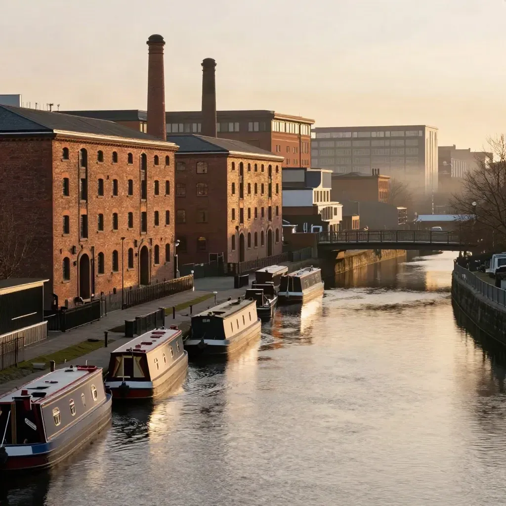 Birmingham canal basin at golden hour with red-brick warehouses, low bridge, and calm water