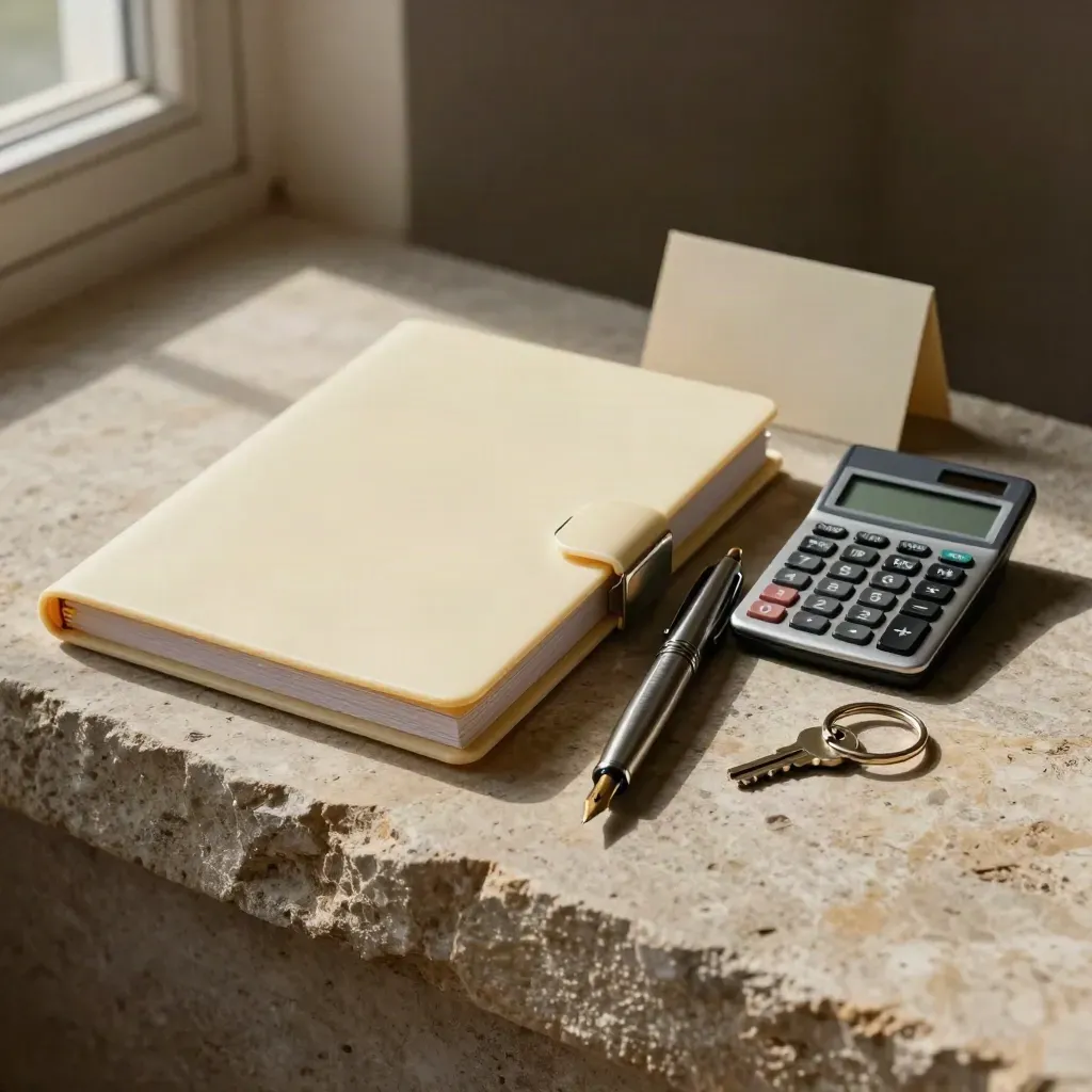 Sealed legal folder with calculator, fountain pen and key ring on a stone ledge.