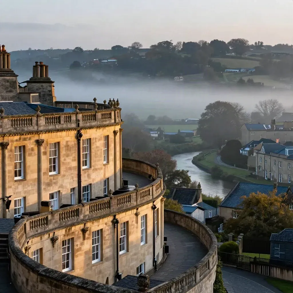 Bath stone terraces above the misty Avon valley at dusk, calm open space for copy
