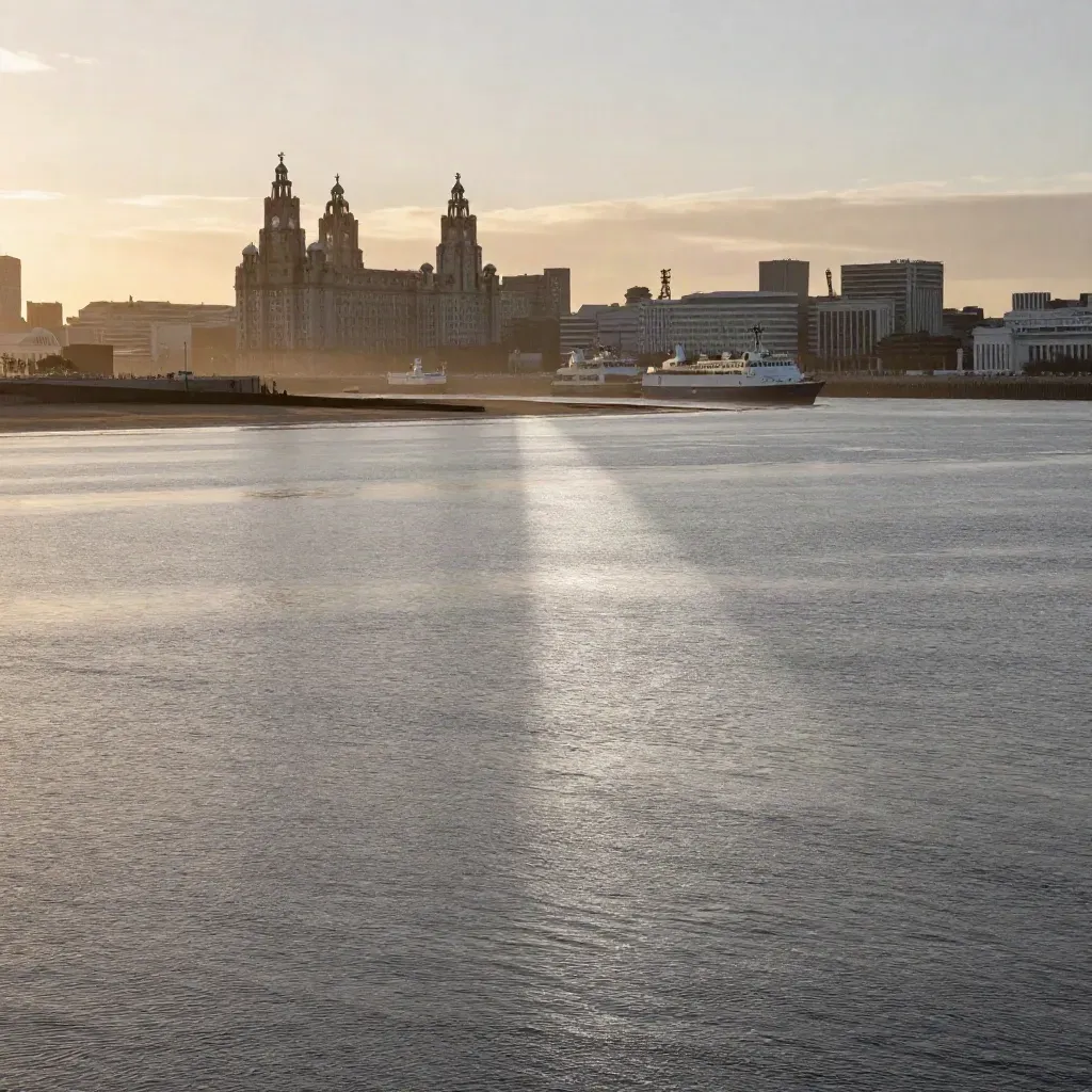Liverpool waterfront silhouettes above a calm Mersey at golden hour with hazy open water below