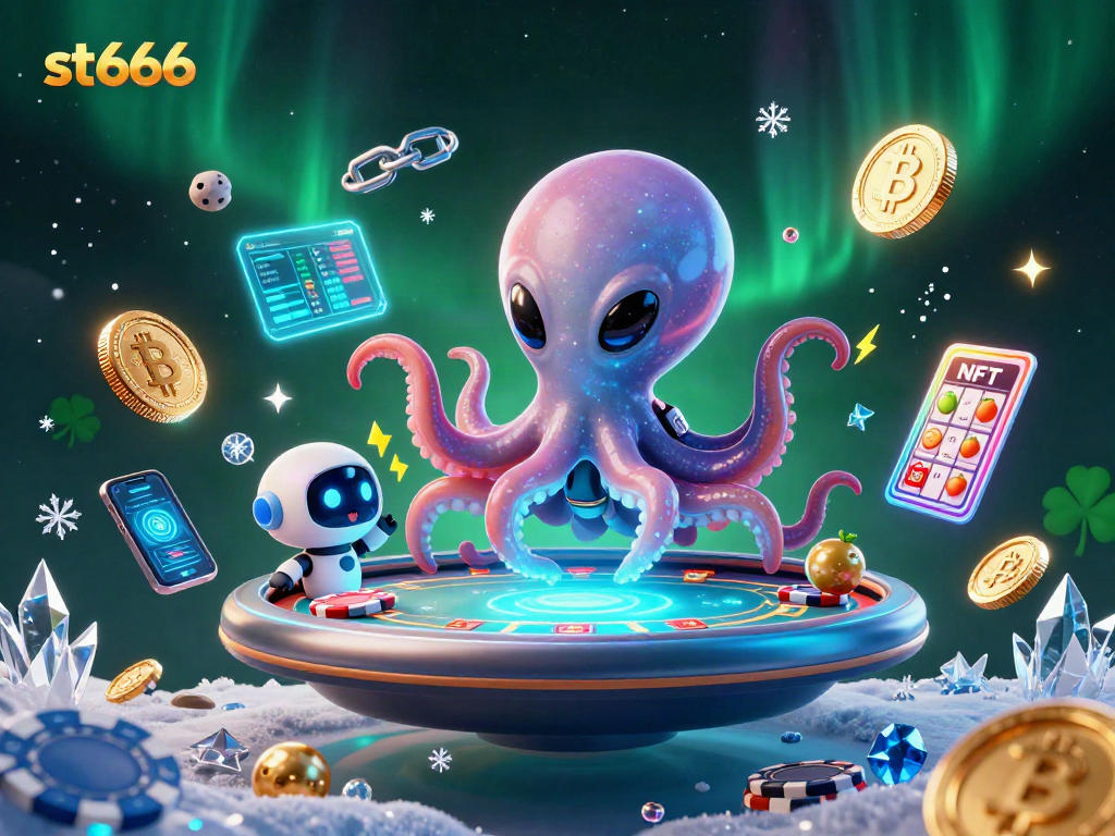Play slots with st666's dynamic alien octopus at a holographic poker table amid crypto coins.