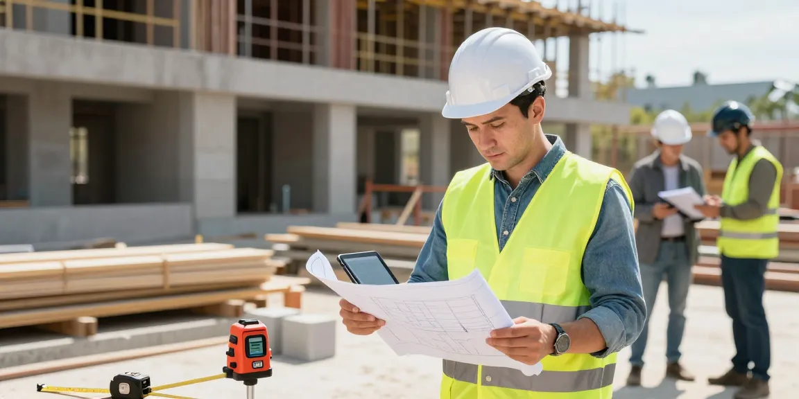 Quantity takeoff services in action on a construction site with a surveyor reviewing blueprints.