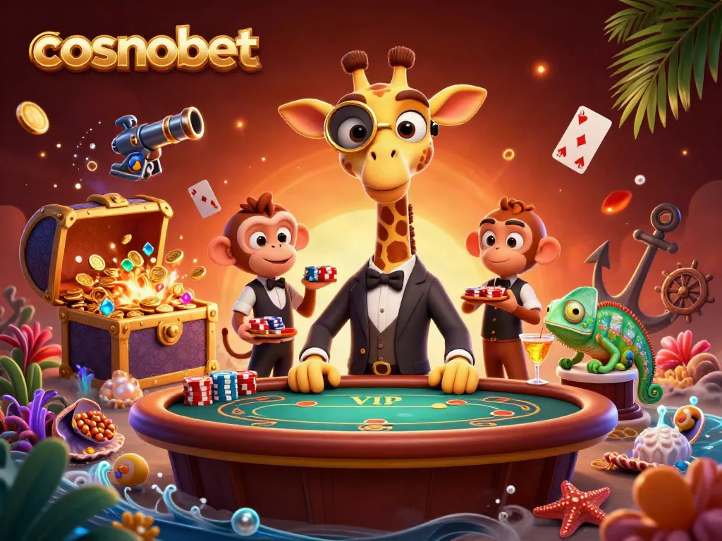 Join Cosmobet's thrilling casino experience with a lavish giraffe and monkey in this vibrant scene.