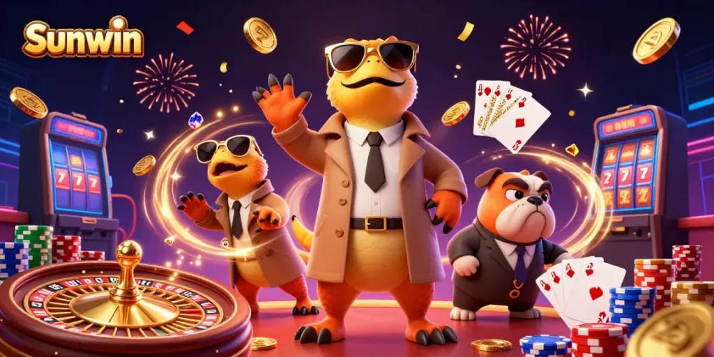 Sunwin raptors in a trench coat trying to enter a VIP casino surrounded by gold coins
