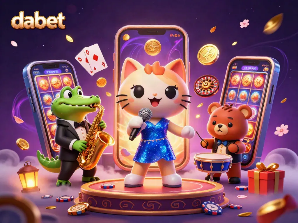 Dabet presents a lively casino scene with a jazz-singer cat, saxophonist crocodile, and drum-playing bear.