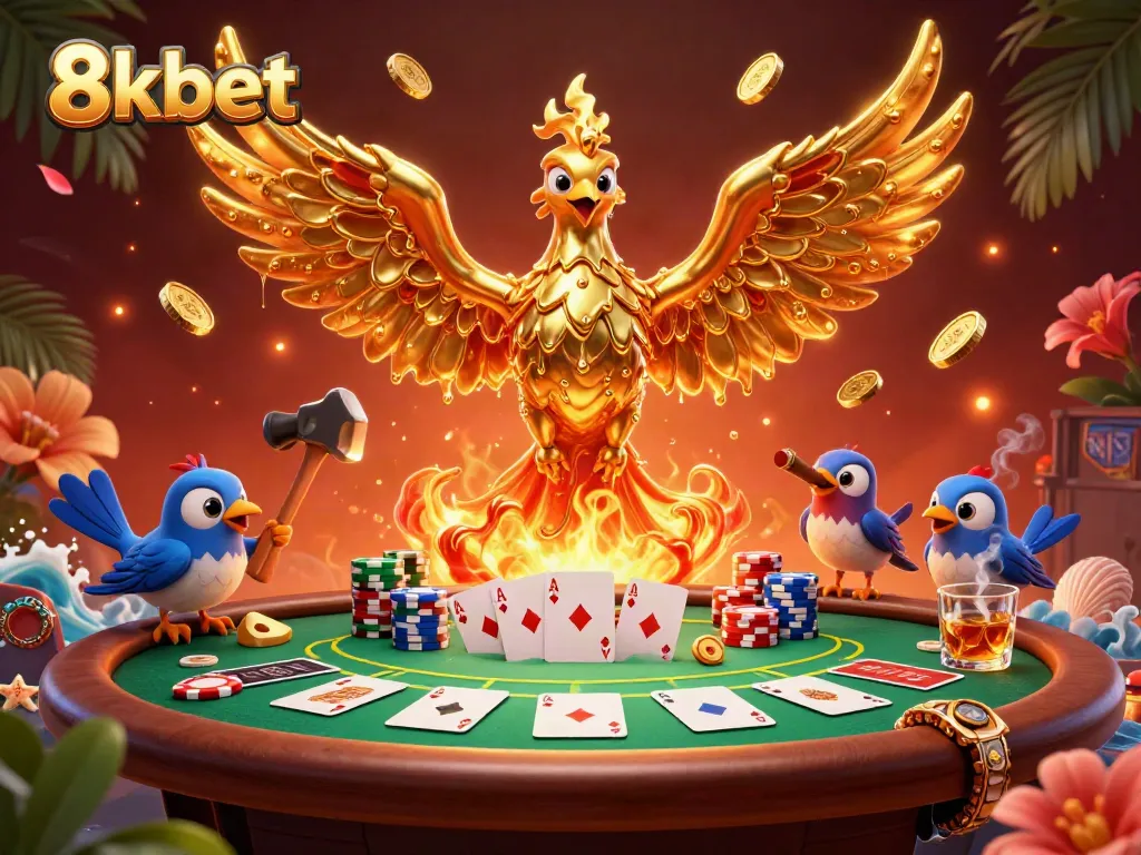 Engage with interactive 8xbet gaming while admiring the molten golden phoenix and poker game elements.