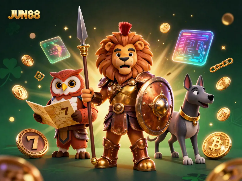 Experience an exhilarating gaming adventure with JUN88's vibrant 3D illustration showcasing a Spartan lion and modern casino elements.