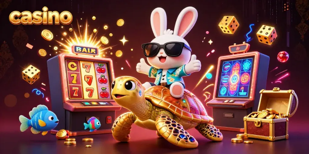 Engaging casino scene with a lucky rabbit and golden turtle amidst vibrant game elements.