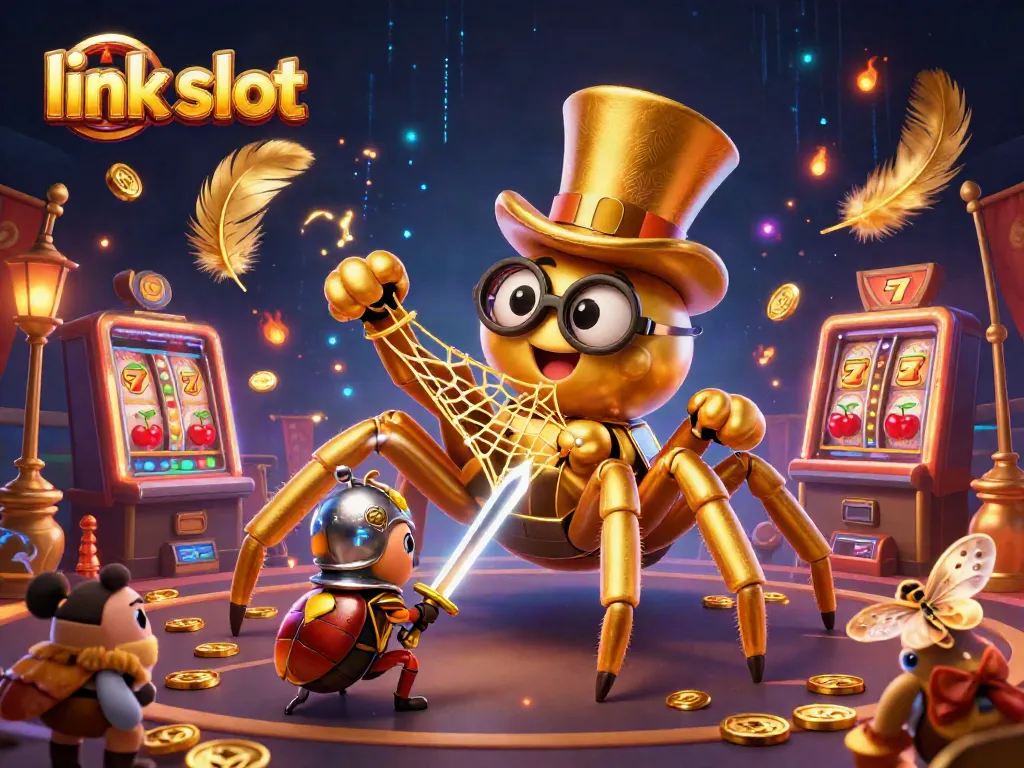 Spin the link slot reels with a golden tarantula and beetle knight in a lively casino scene.