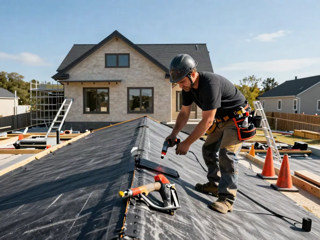 Expert roofer installing felt roofing on a modern flat roof, showcasing skilled craftsmanship and safety precautions.