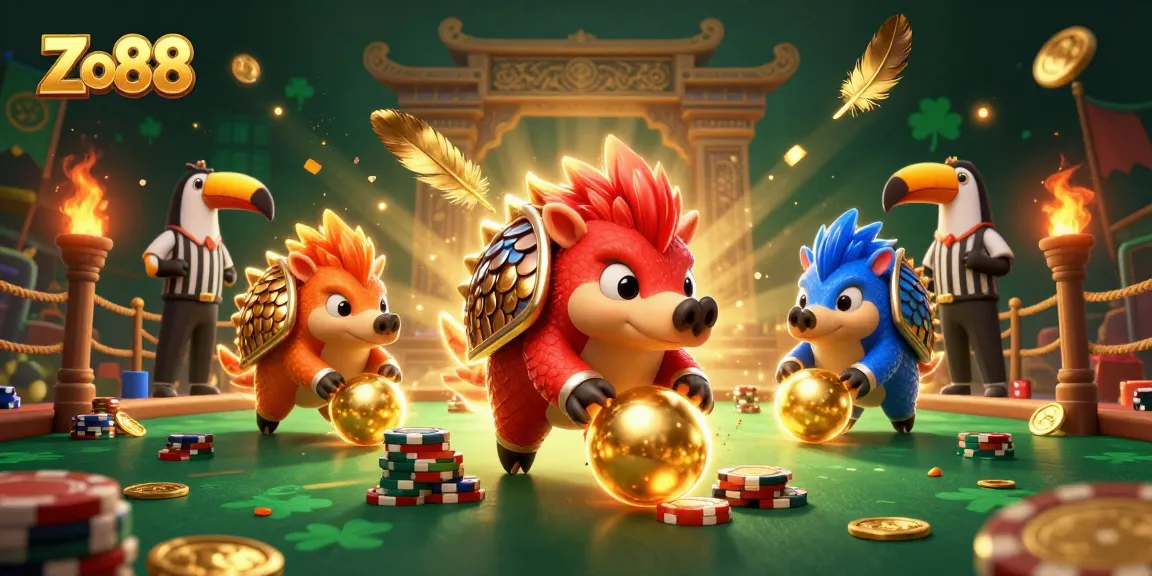 Compete and win with Zo88 in this vibrant 3D illustration of pangolins bowling through poker chips, celebrating winning moments.