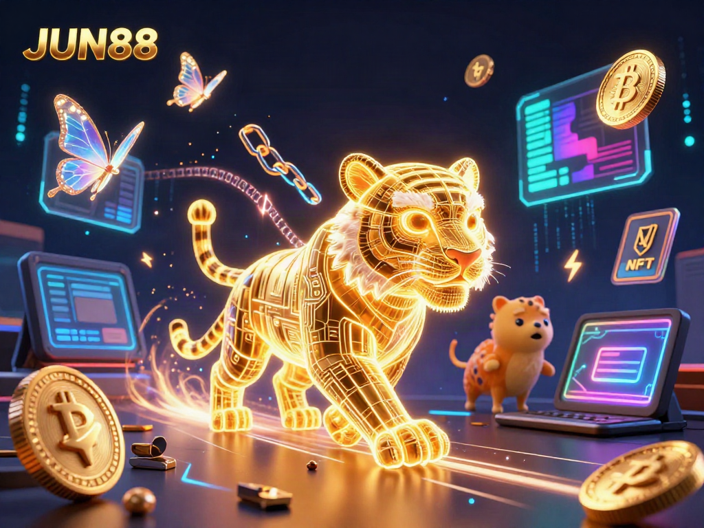 Experience thrilling gaming with JUN88's vibrant digital casino scene filled with neon energy and crypto elements.