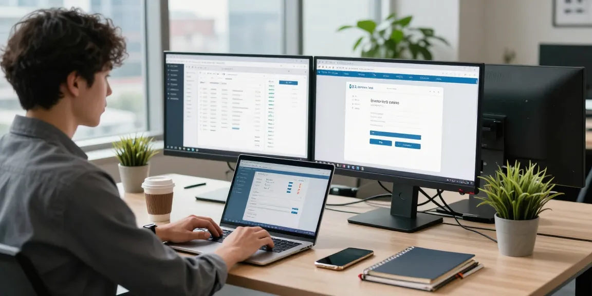 Logging into 02 business log in on a laptop in a modern office space with city view.