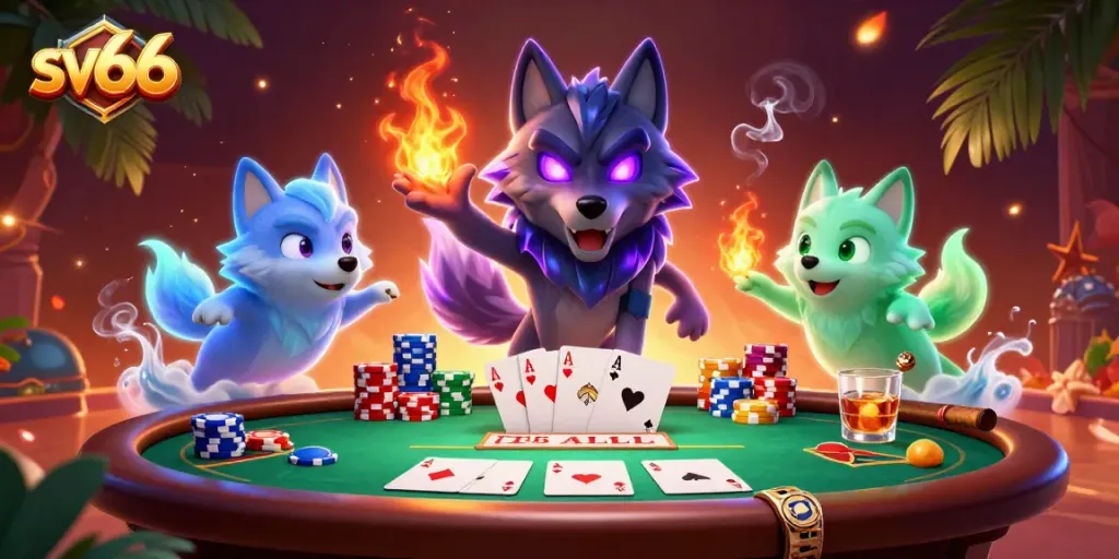 Engage with sv66 at an exciting poker table featuring shadow wolves and vibrant game elements
