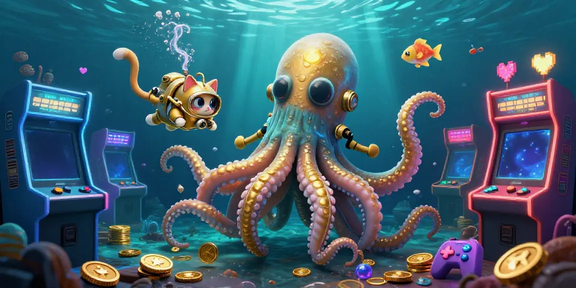 Experience magical gaming moments with 8xbet, featuring a kraken, diving cat, and vibrant casino elements underwater.