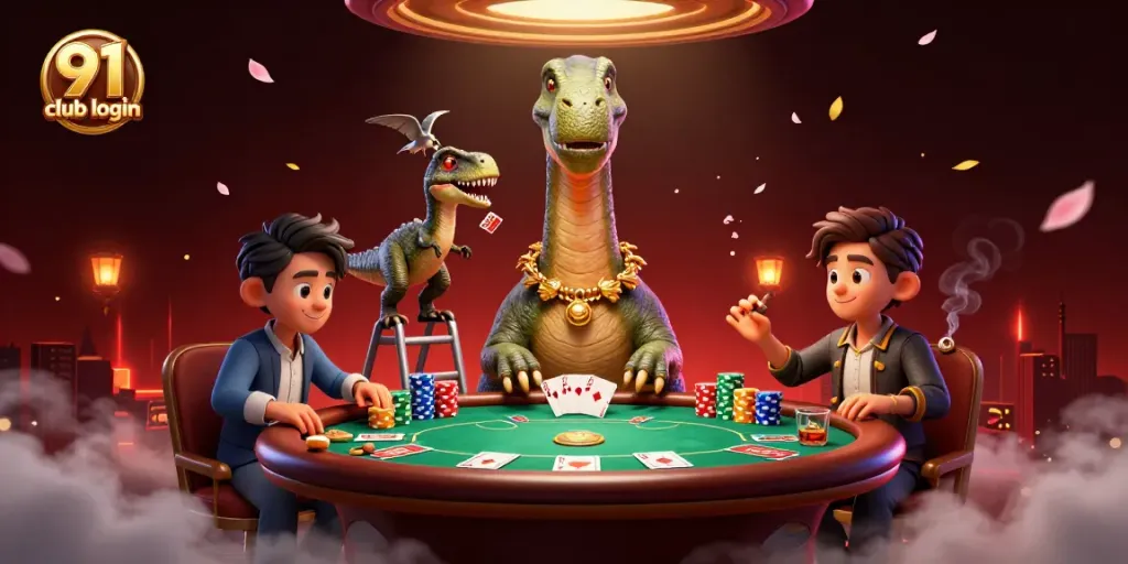 Engage with 91 club login amidst a vibrant casino scene featuring whimsical characters and dynamic game elements.