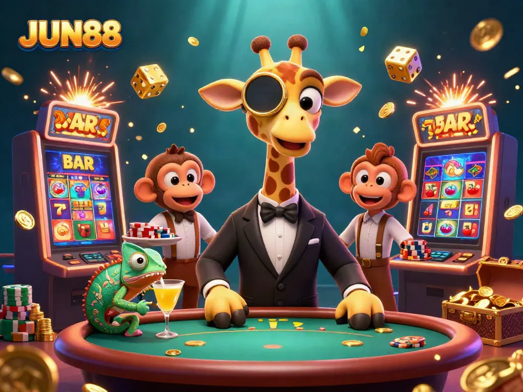 Experience the excitement at JUN88 with a vibrant 3D illustration showcasing our engaging casino scene.