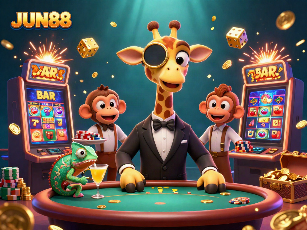 Experience the excitement at JUN88 with a vibrant 3D illustration showcasing our engaging casino scene.