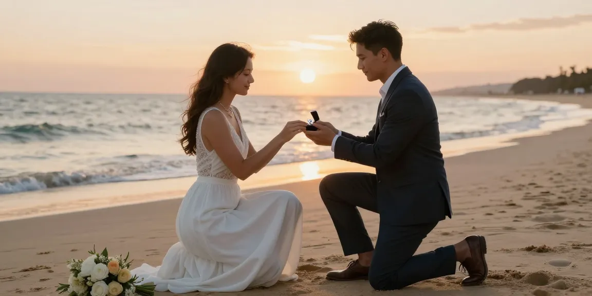 Proposal moment featuring luxury engagement rings on a romantic beach during sunset.