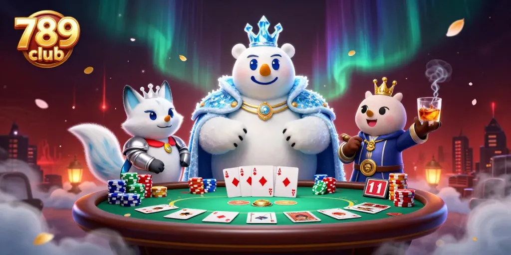Engage in thrilling games at 789 club with a vibrant casino scene showcasing a polar bear king and snow fox.
