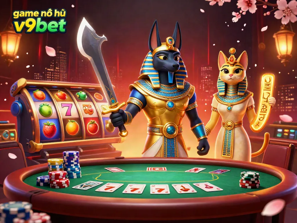 Spin and play game nổ hũ v9bet with excitement in a vibrant casino setting, featuring dynamic slot reels and Anubis.