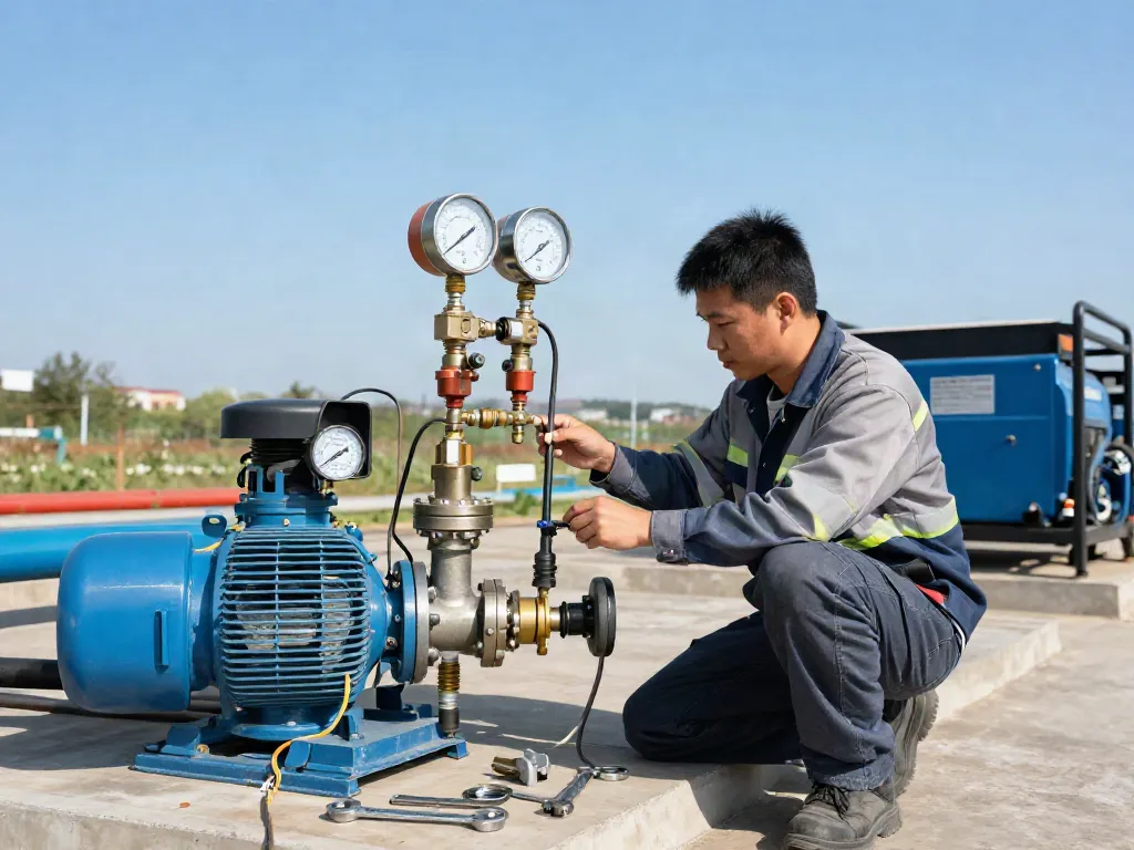 Technician calibrating a water pump pressure switch, showcasing outdoor industrial setting.