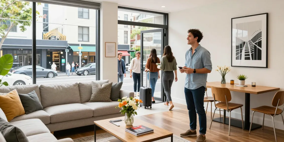 Melbourne Airbnb management scene with host and guests in a vibrant apartment