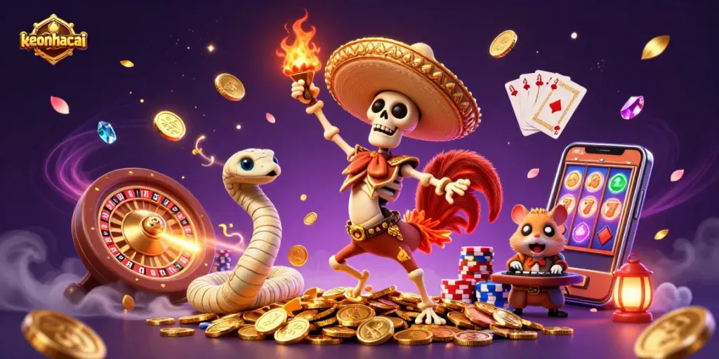 Engage with keonhacai excitement: A festive victory dance scene featuring a mariachi rooster, mummy snake, and DJ hamster among rich casino elements.