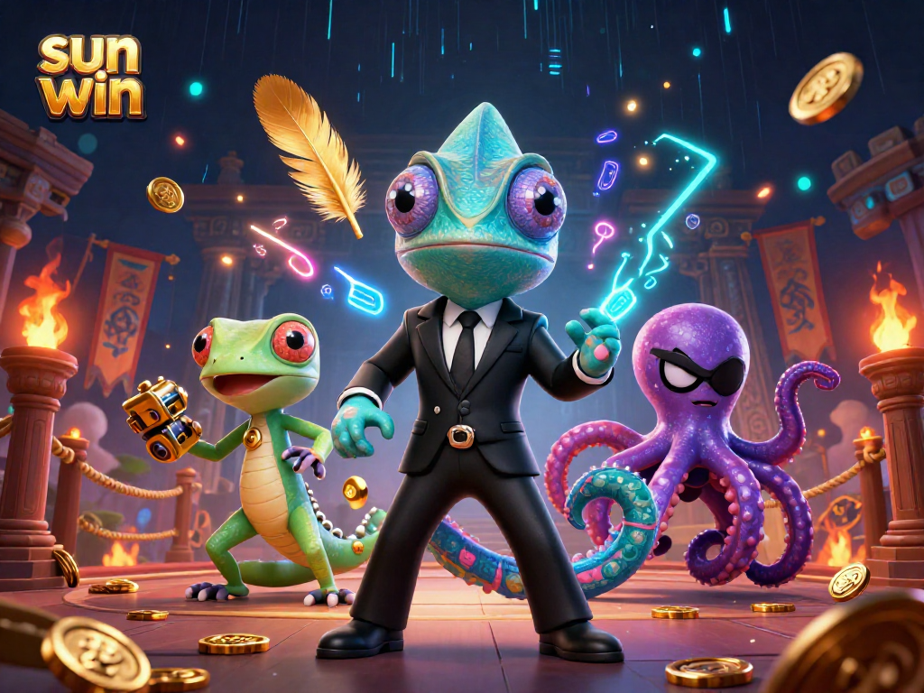 Experience sun win excitement with a vibrant 3D casino scene filled with vibrant characters and gambling elements.