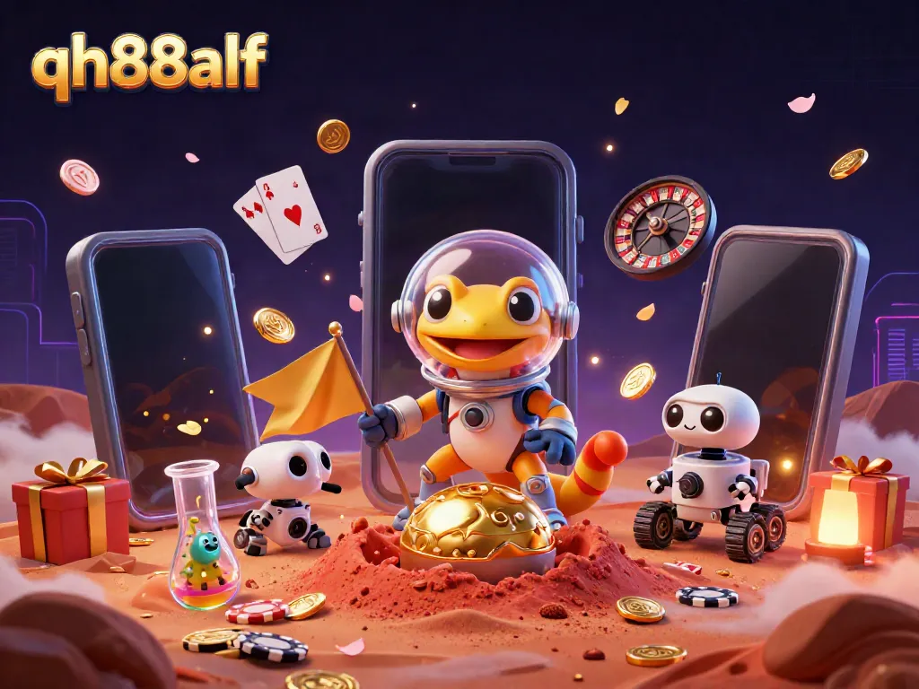 Experience the vibrant casino world of qh88alf with a Martian gecko and festive gaming elements.