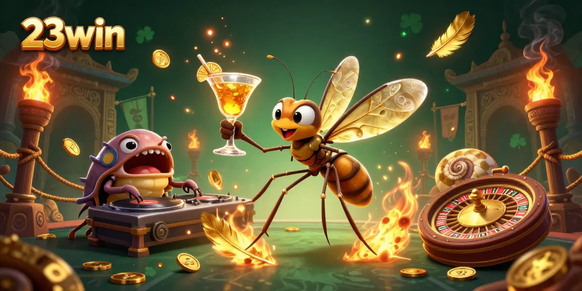 Engage in exciting games at 23win with a vibrant casino illustration featuring unique characters and elements.
