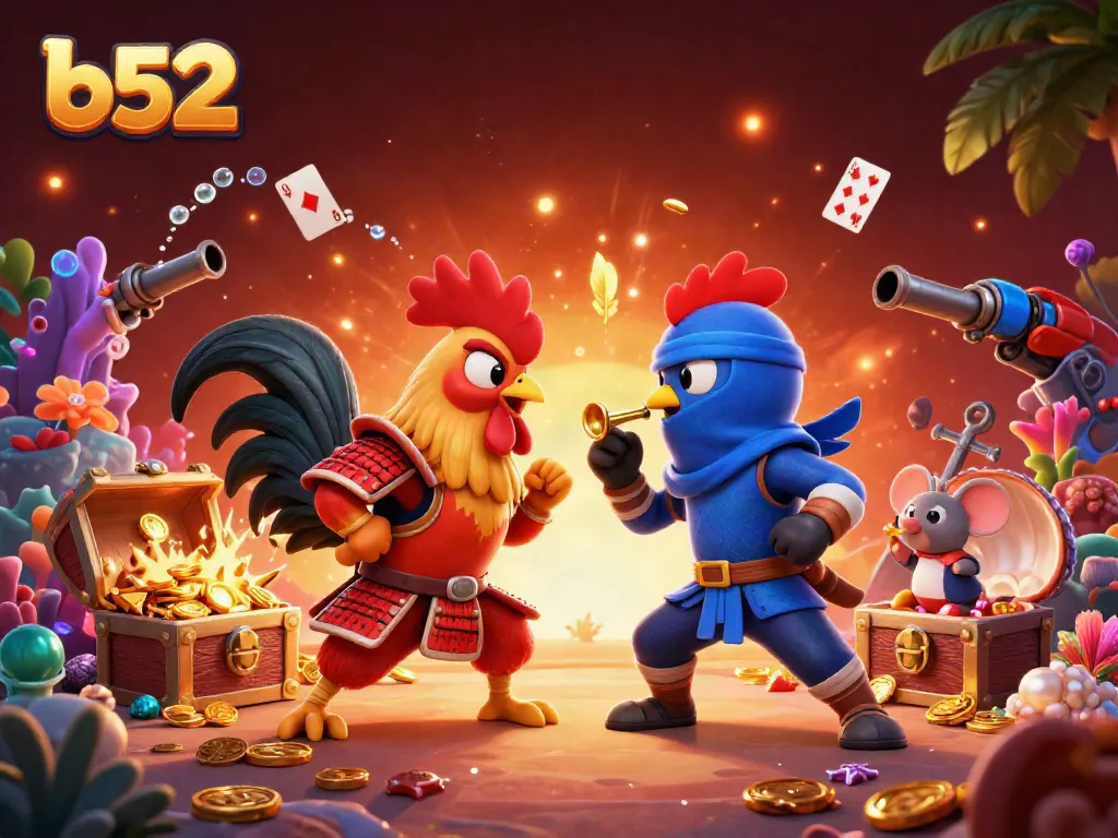 B52 players engage in animated action with cartoon roosters representing fierce competition in a vibrant casino scene.