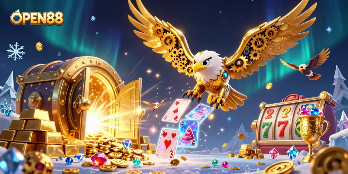 Experience winning strategies at OPEN88 with a dynamic 3D casino illustration showcasing vibrant game elements and rich textures.