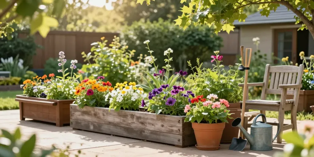 Large garden planters filled with colorful flowers in a sunny outdoor setting