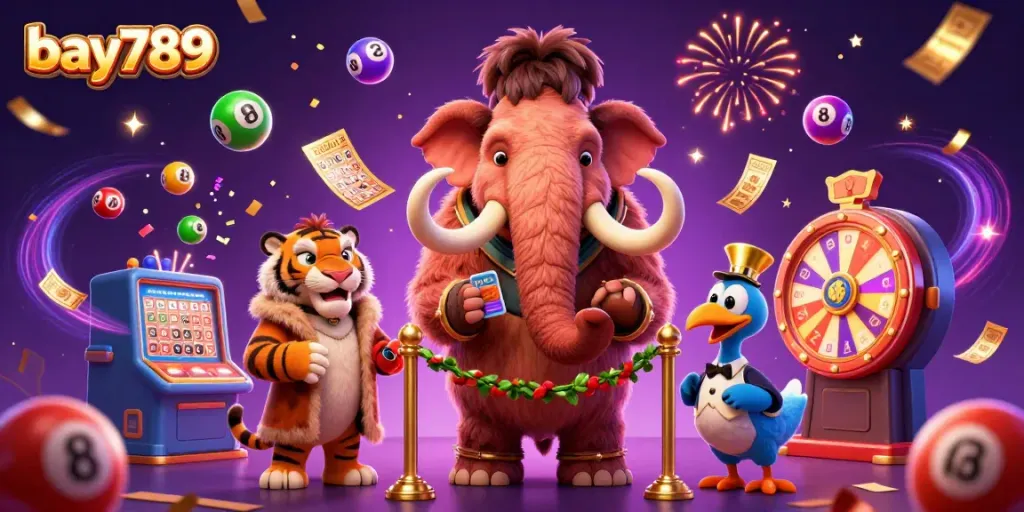 Engage in fun gaming at bay789 with vibrant characters celebrating at a dynamic casino entrance.