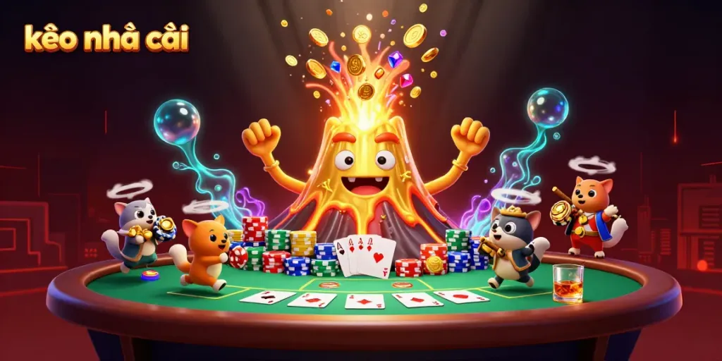Engage with kèo nhà cái's dynamic gaming atmosphere in this vibrant 3D illustration of treasure hunters alongside a golden volcano.