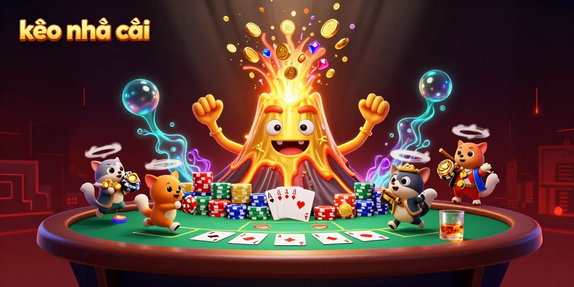 Engage with kèo nhà cái's dynamic gaming atmosphere in this vibrant 3D illustration of treasure hunters alongside a golden volcano.