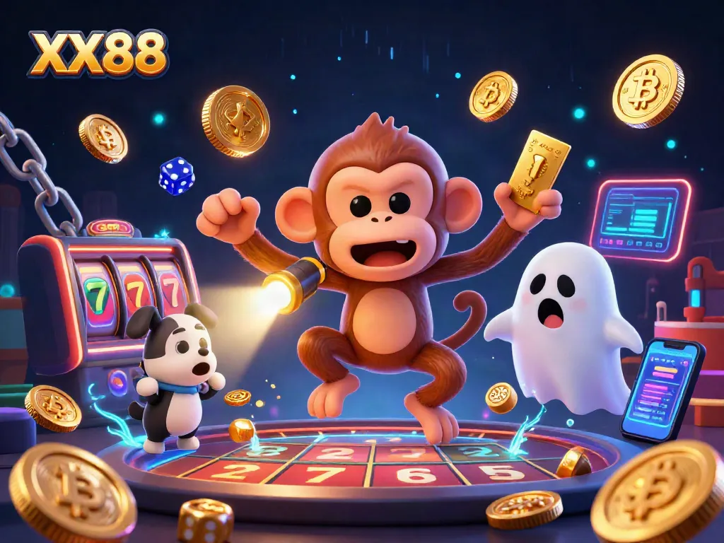 Engage with XX88 in a vibrant casino scene featuring a mischievous ghostly monkey juggling winning items.
