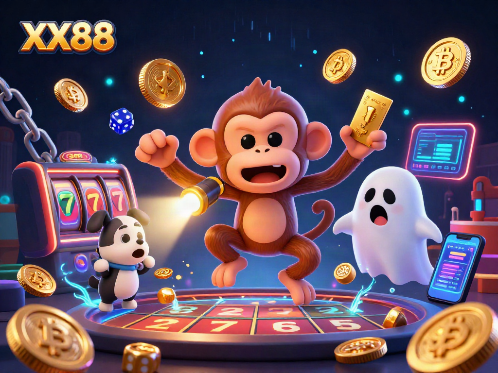 Engage with XX88 in a vibrant casino scene featuring a mischievous ghostly monkey juggling winning items.