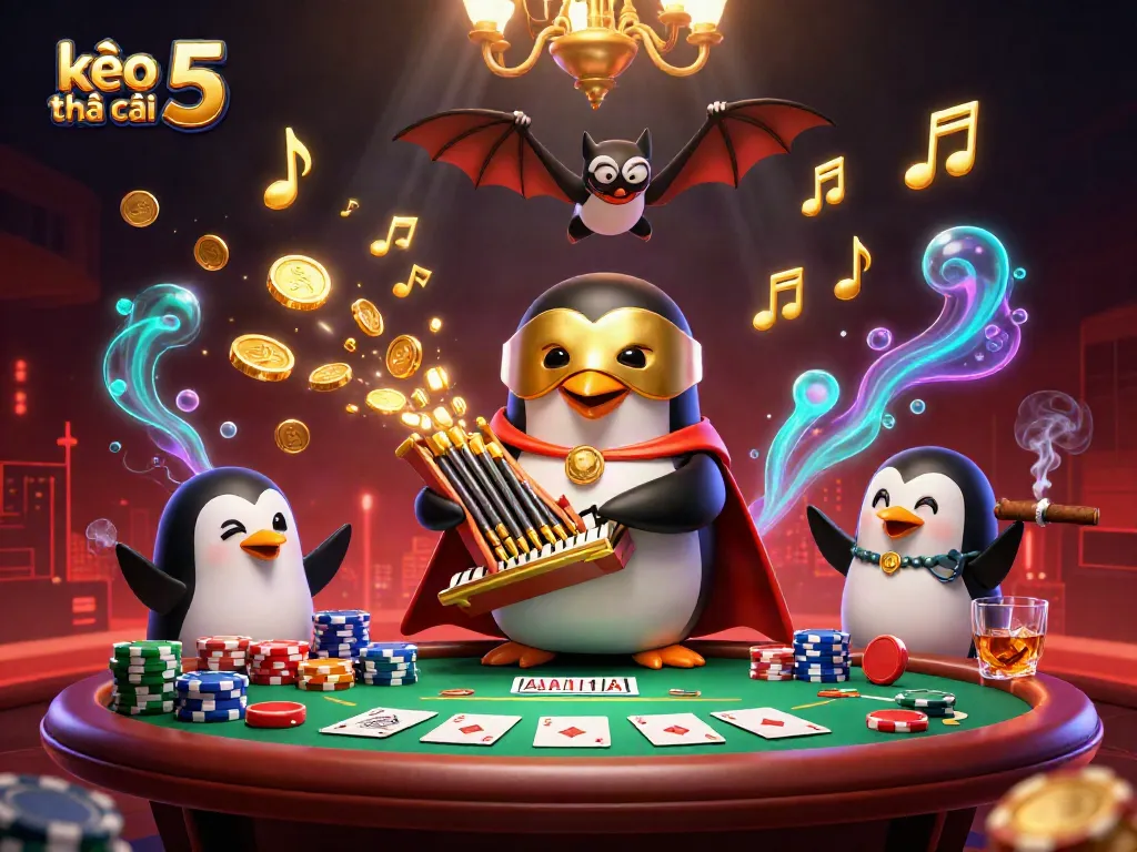 Engaging scene depicting kèo nhà cái 5 with a penguin playing an organ surrounded by poker elements.