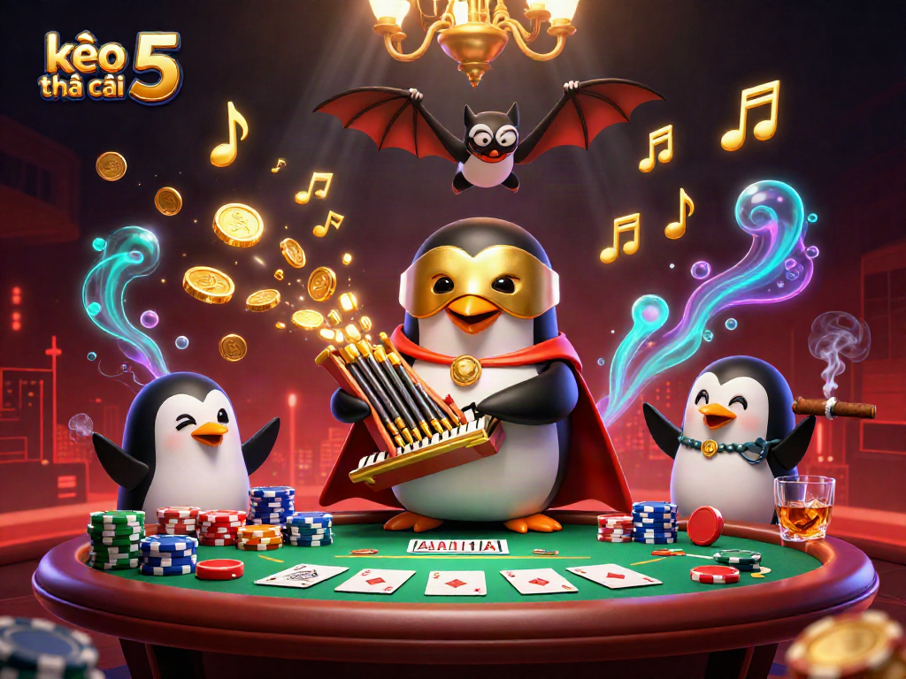 Engaging scene depicting kèo nhà cái 5 with a penguin playing an organ surrounded by poker elements.