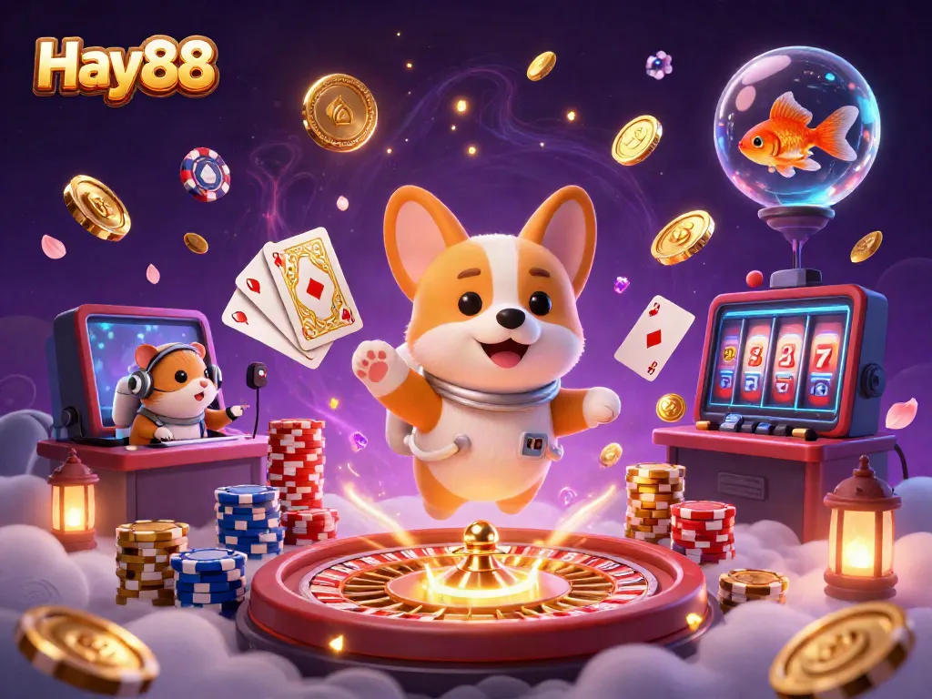 Engaging scene of Hay88's gaming universe with an astronaut corgi, casino elements, and vibrant dynamic effects