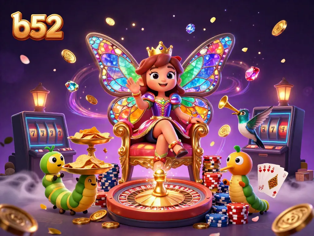 B52 casino illustration featuring a butterfly queen and caterpillar servants with dynamic gaming elements.
