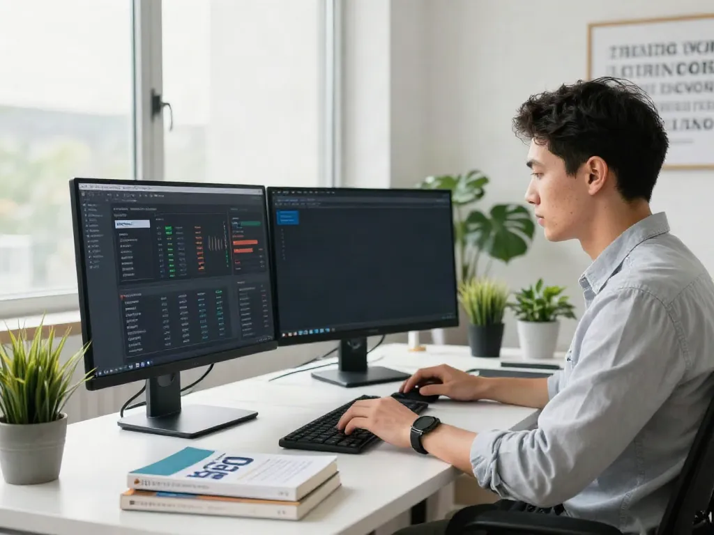 Digital marketer analyzing instant indexing data in a bright office.
