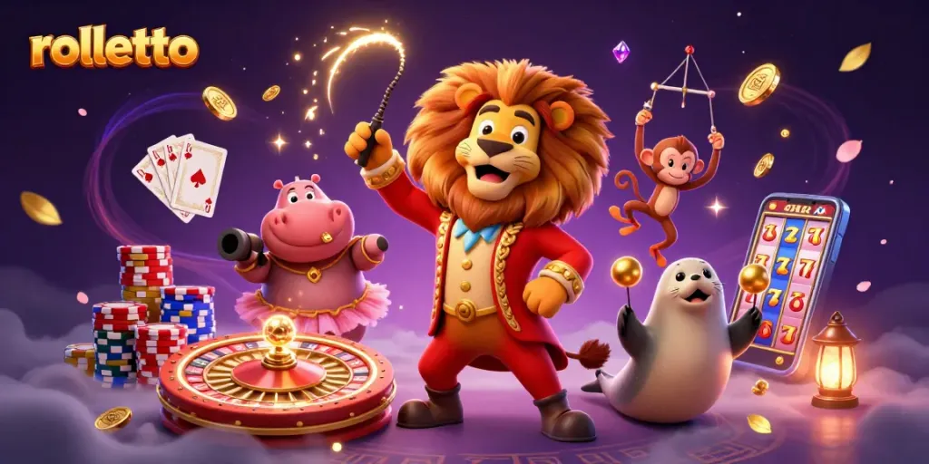 Experience rolletto's excitement with a dynamic 3D circus scene featuring lavish casino elements and vibrant characters.