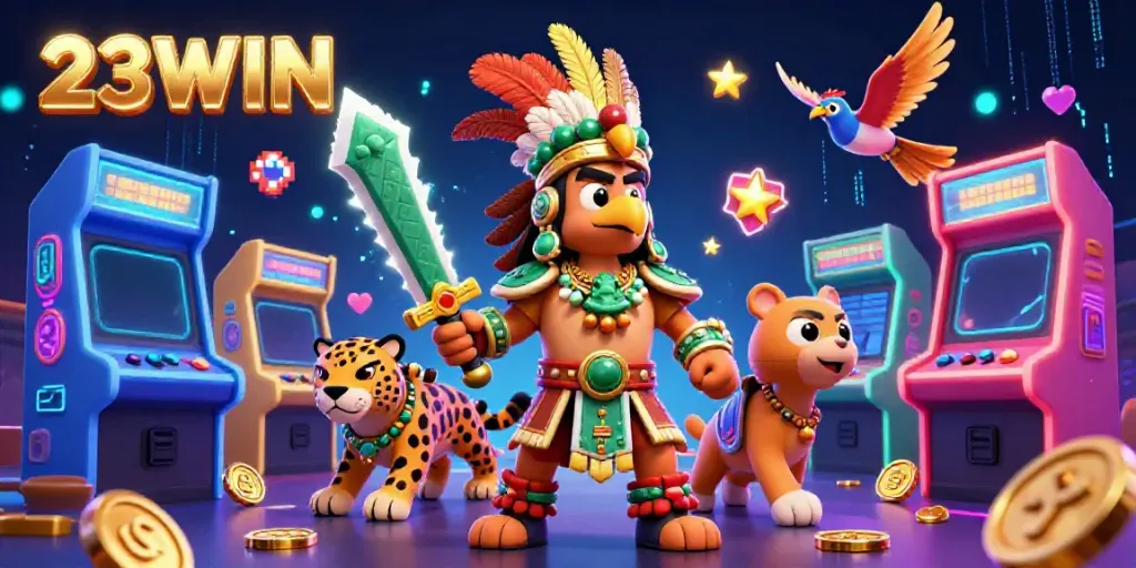 Experience thrilling gameplay with 23WIN through a vibrant illustration of Aztec warriors and gaming elements.