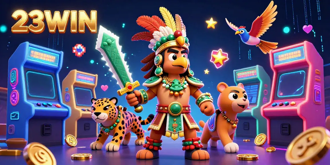 Experience thrilling gameplay with 23WIN through a vibrant illustration of Aztec warriors and gaming elements.