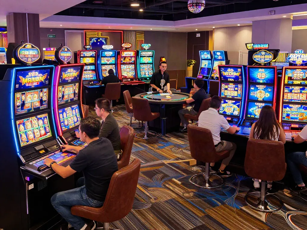 Interactive credit card casino scene showcasing players enjoying games and vibrant atmosphere.