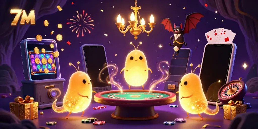 Experience the enchanting 7M glowworms illuminating a casino scene with vibrant slot games and interactive elements.