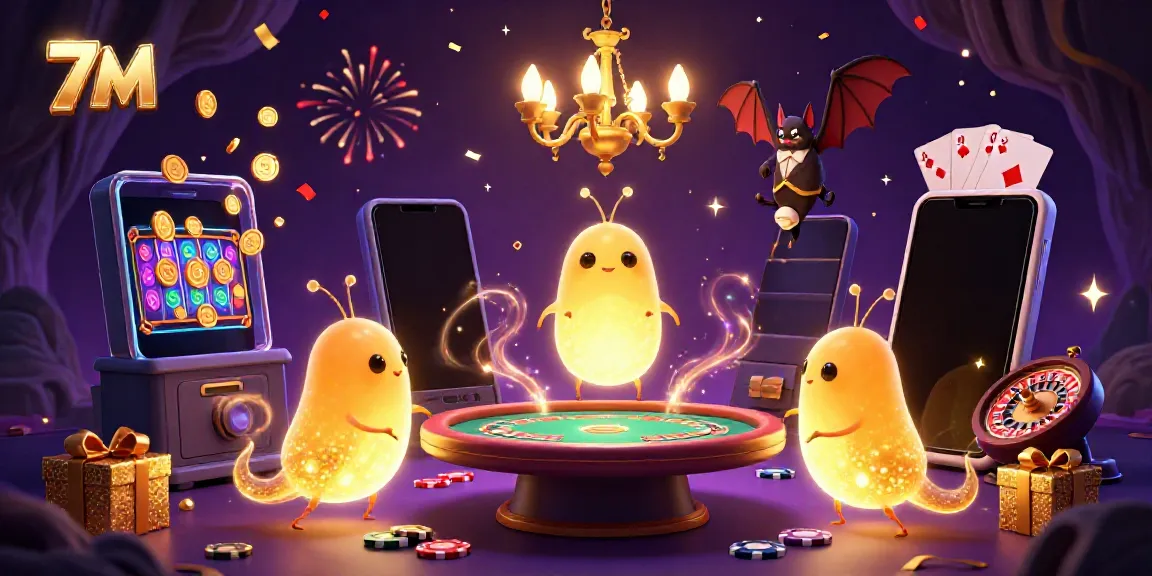 Experience the enchanting 7M glowworms illuminating a casino scene with vibrant slot games and interactive elements.
